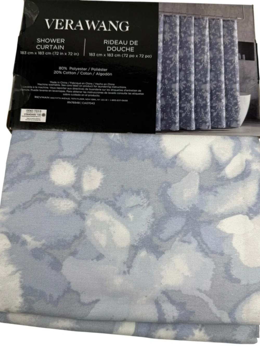 Vera Wang shower curtain Muted Blue Floral 72” x 72” NWT